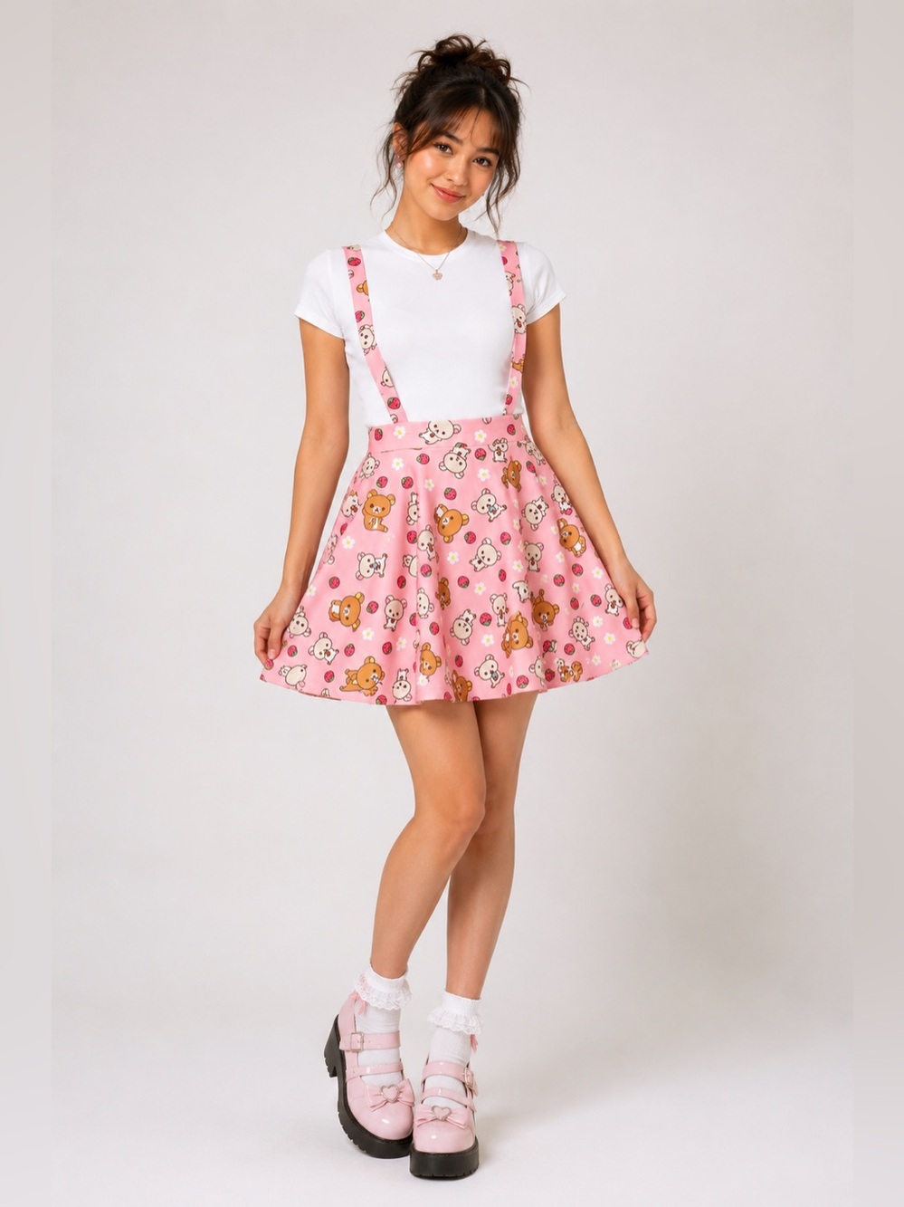 NWOT Sanrio Rilakkuma Korilakkuma Strawberry Pink Suspender Skater Skirt S